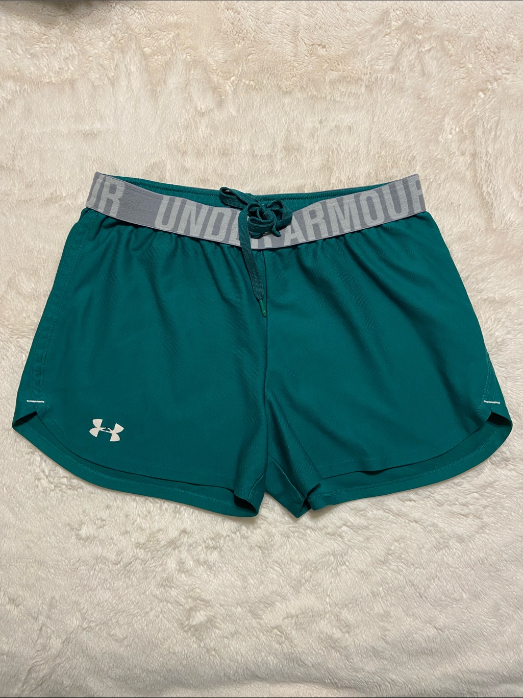 Under Armour Women's Green Athletic Shorts With Gray Logo Waistband